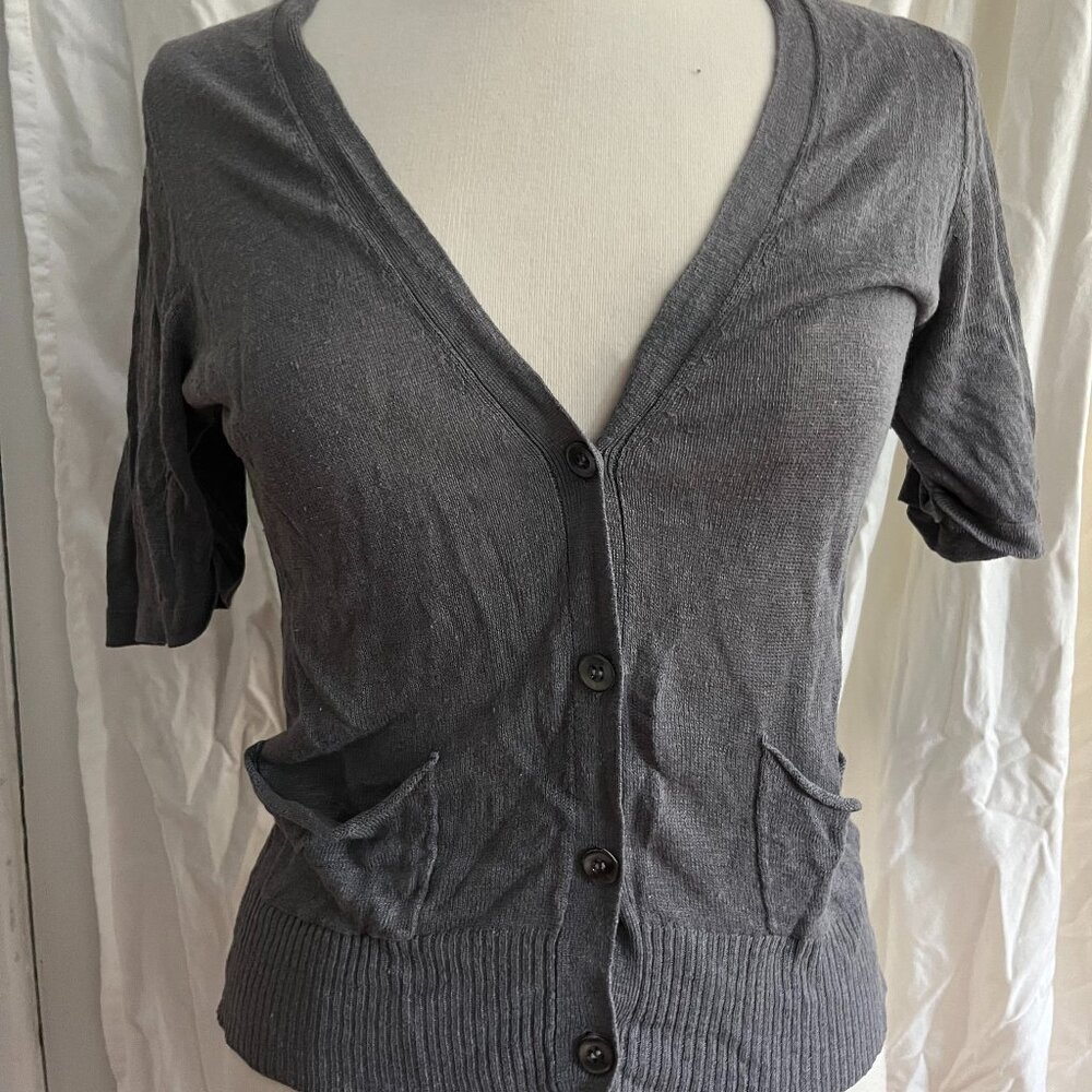 Eileen Fisher linen/silk grey short sleeve button cardigan sweater